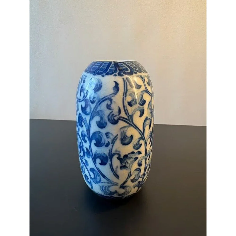 Andrea by Sadek Blue and White Vase Ovoid Scrolling Lotus Porcelain